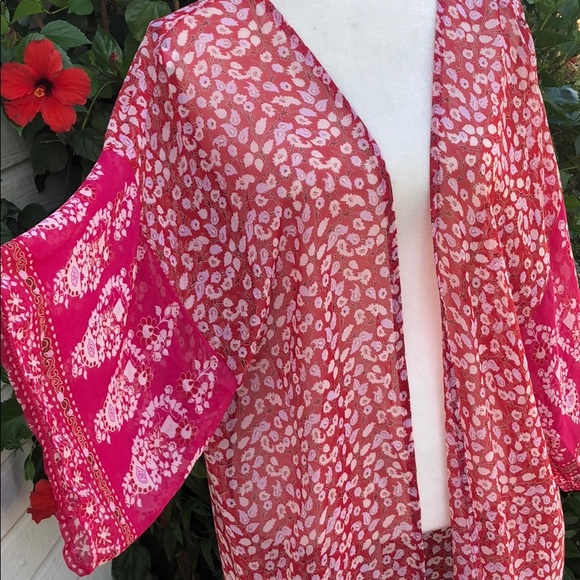Pink Floral Boho Kimono Duster Coverup Robe - Picture 3 of 8